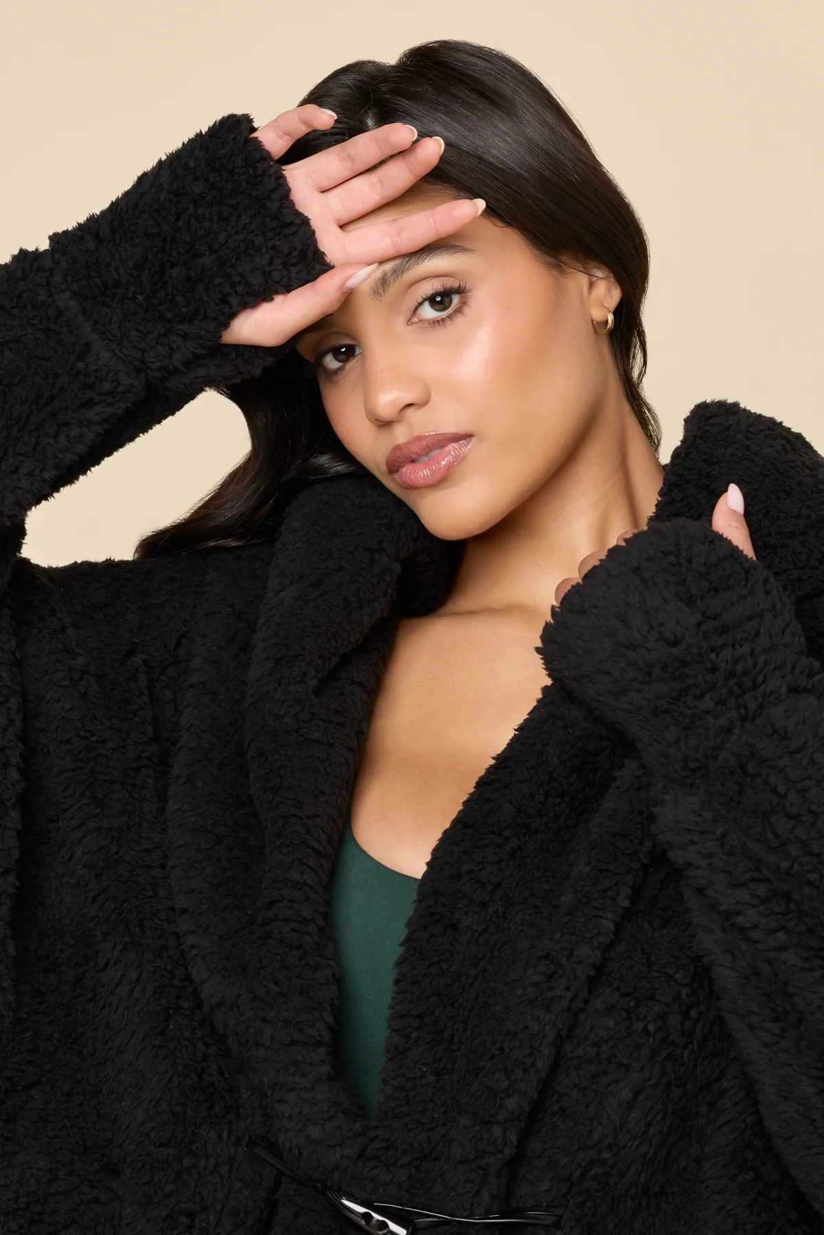 Faux Sherpa Cocoon Coat - Black - Image 3