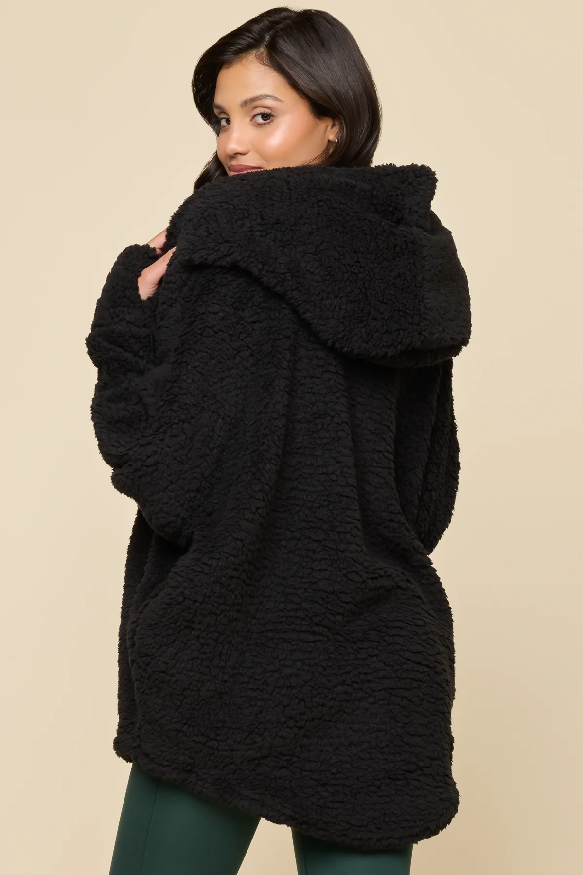 Faux Sherpa Cocoon Coat - Black - Image 5