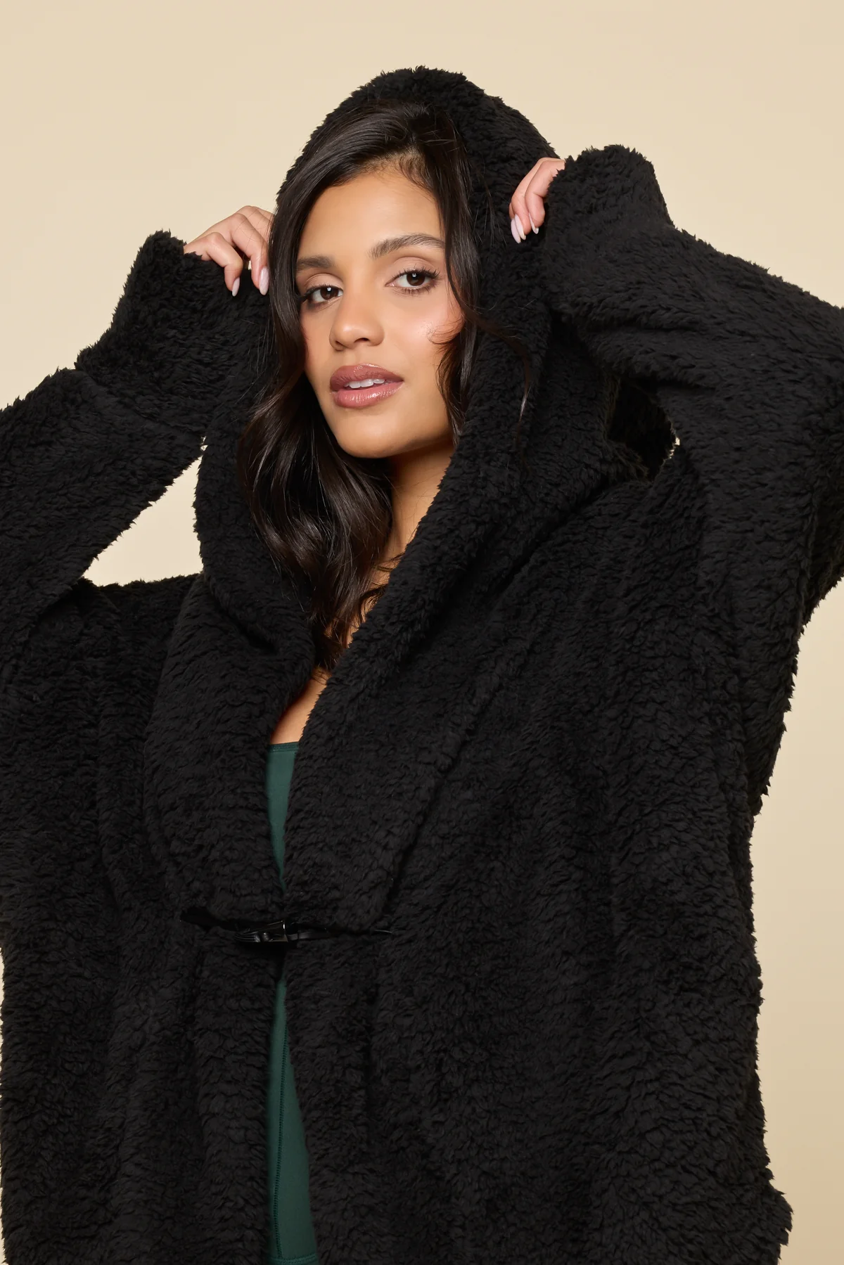 Faux Sherpa Cocoon Coat - Black - Image 7