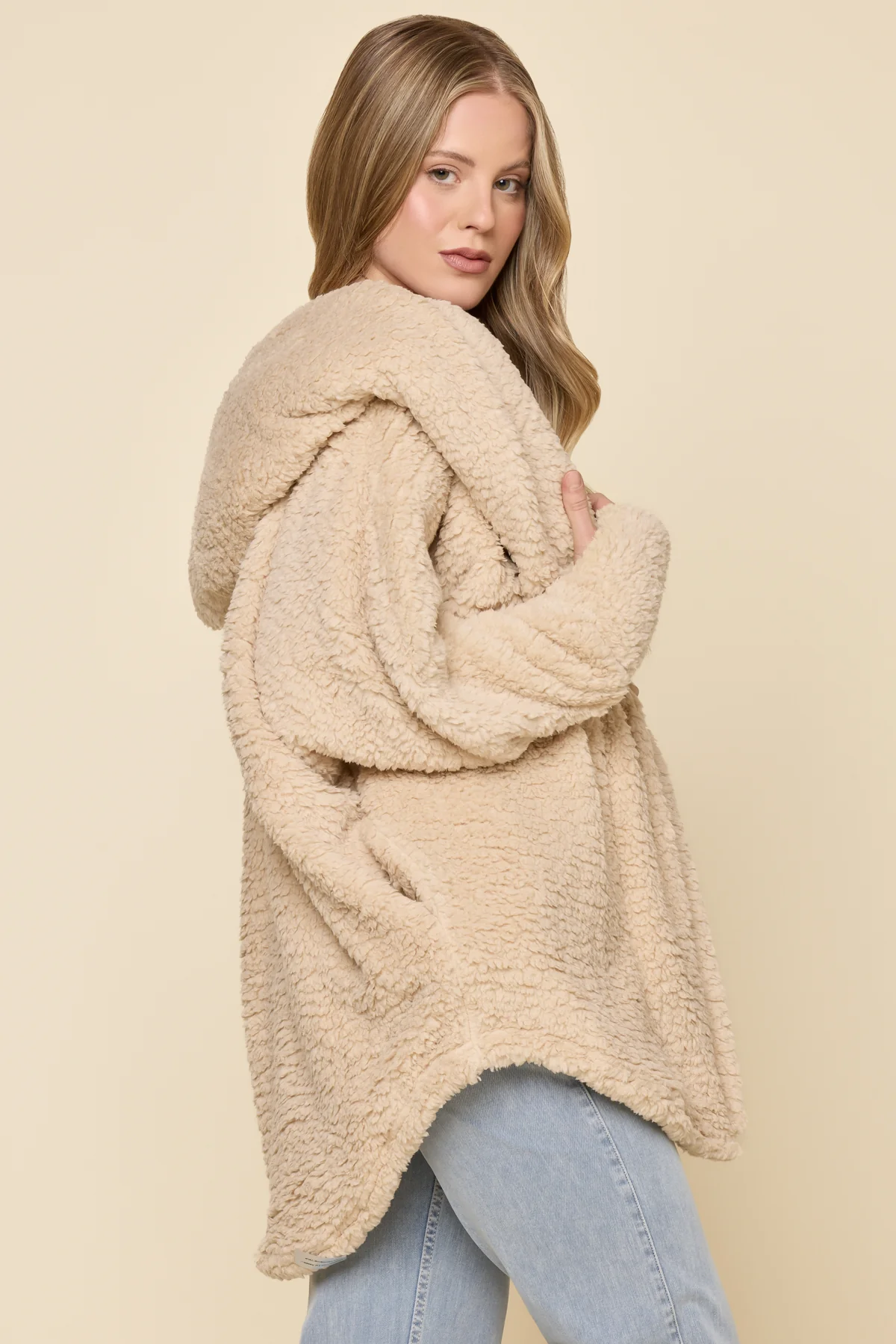 Faux Sherpa Cocoon Coat - Taupe - Image 4