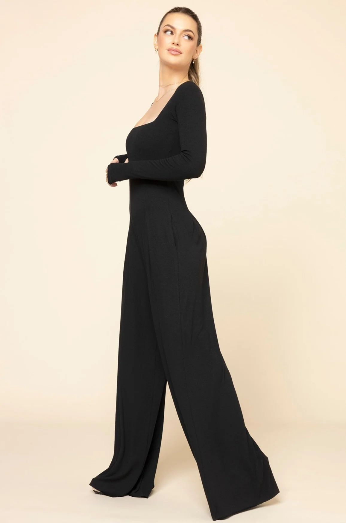 Go With The Flow Long Sleeve Jumpsuit - Black - Image 2