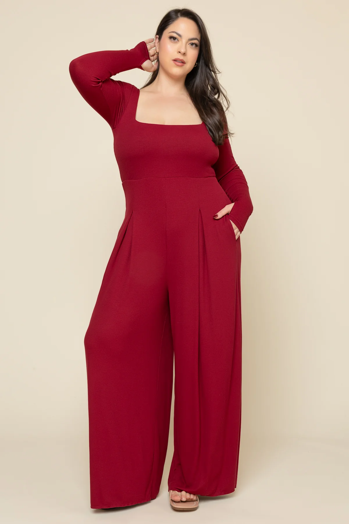 Go With The Flow Long Sleeve Jumpsuit - Deep Cherry - Image 2