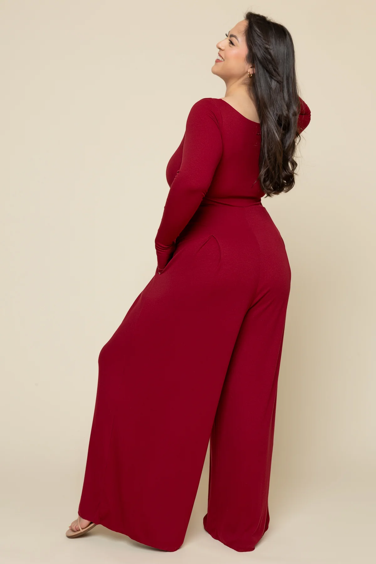 Go With The Flow Long Sleeve Jumpsuit - Deep Cherry - Image 6