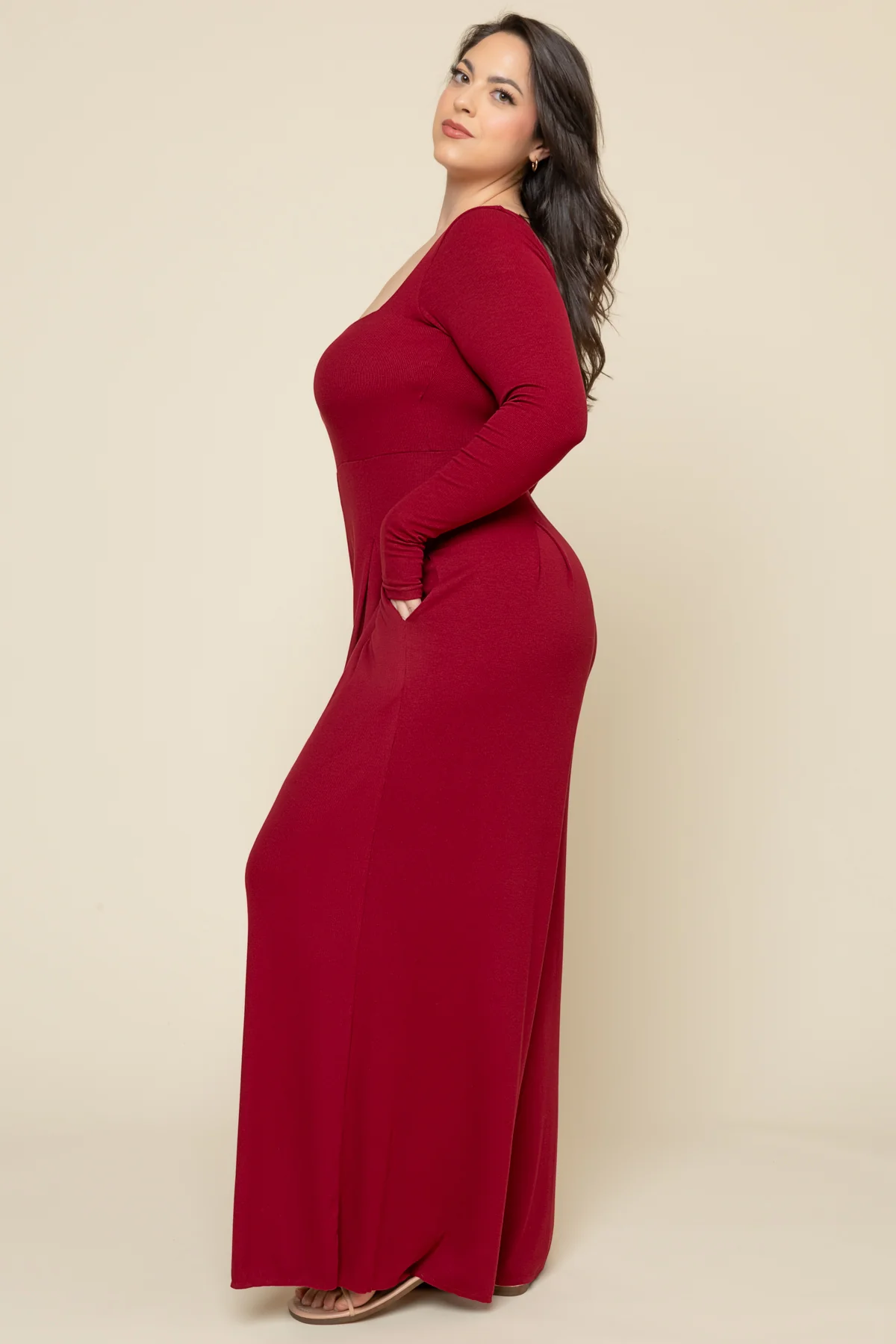 Go With The Flow Long Sleeve Jumpsuit - Deep Cherry - Image 7