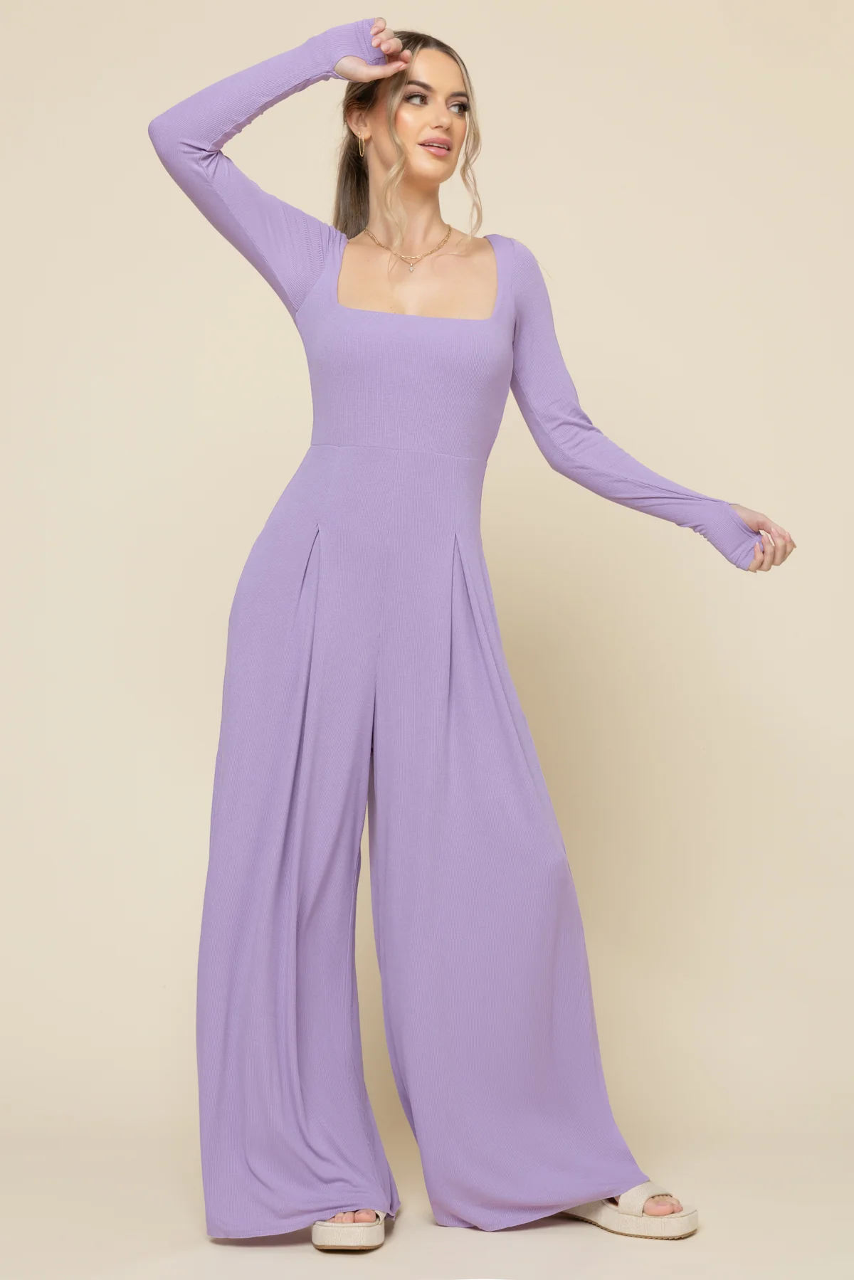 Go With The Flow Long Sleeve Jumpsuit - Lavender Haze - Image 3