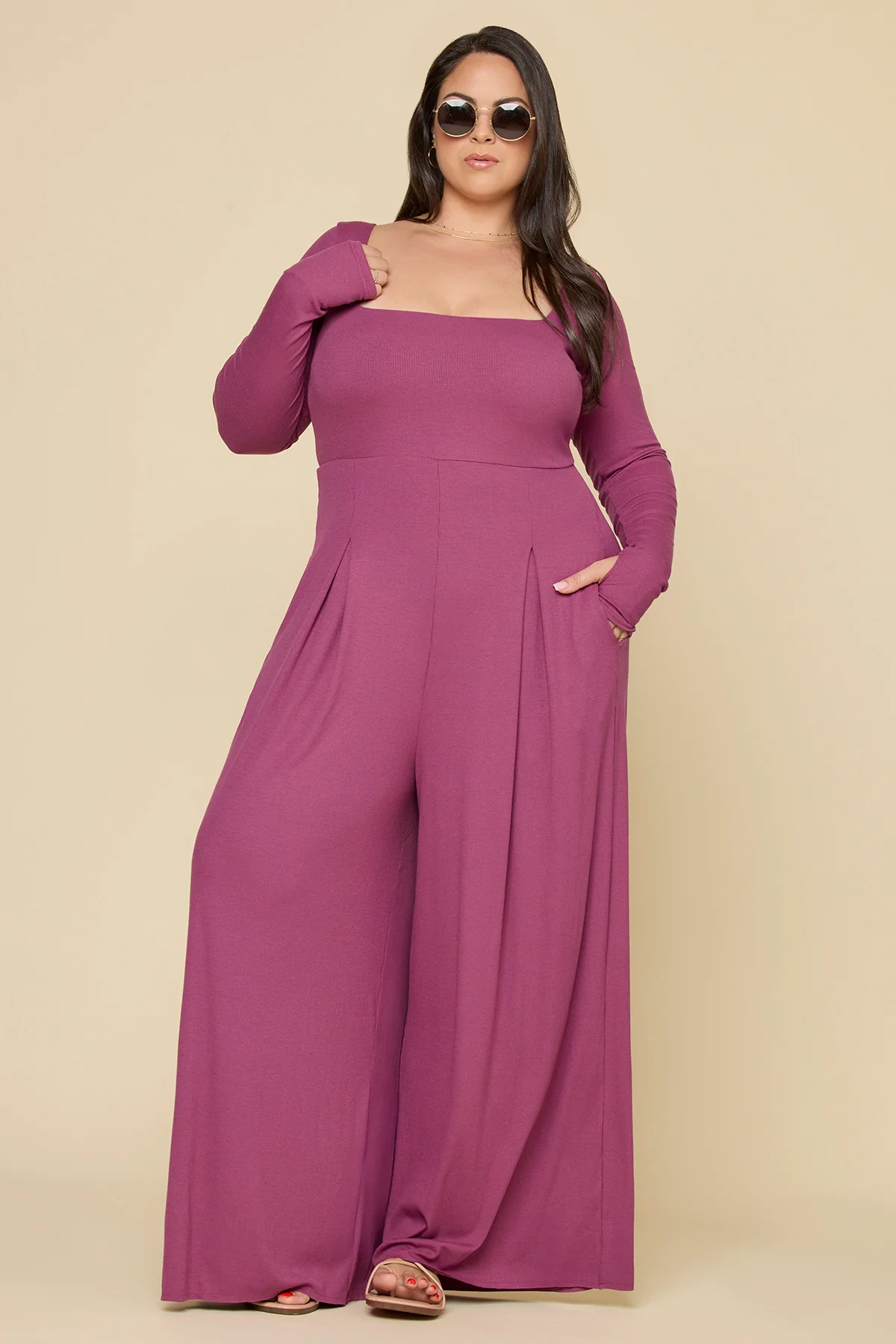 Go With The Flow Long Sleeve Jumpsuit - Raspberry - Image 7