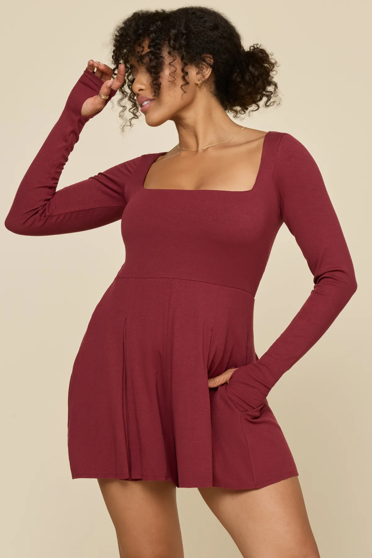 Go with the Flow Long Sleeve Romper - Crimson - Image 2