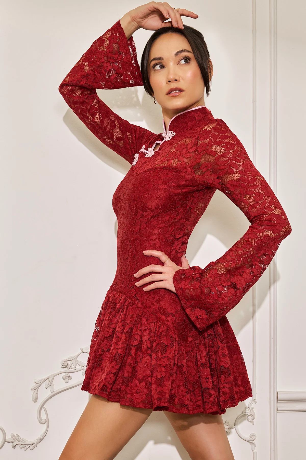 Mandarin Collar Festival Dress - Deep Cherry - Image 4