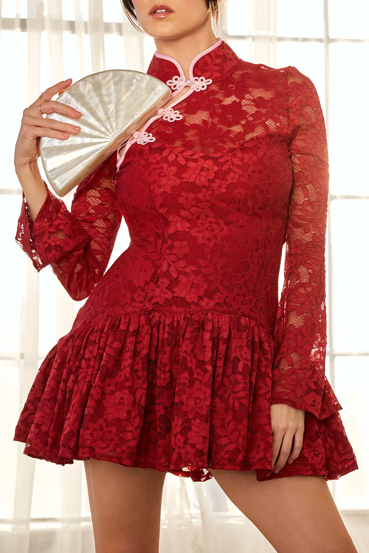 Mandarin Collar Festival Dress - Deep Cherry - Image 5