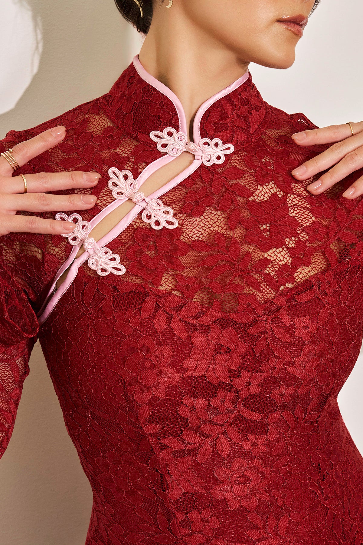 Mandarin Collar Festival Dress - Deep Cherry - Image 7