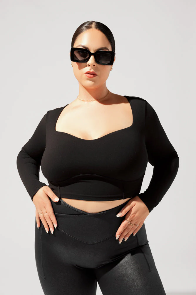 Sweetheart Long Sleeve Crop Top - Black - Image 6