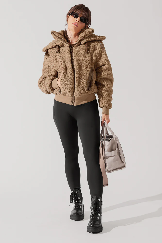 The Kinsley Bomber Jacket in Faux Sherpa - Teddy Bear Brown - Image 2