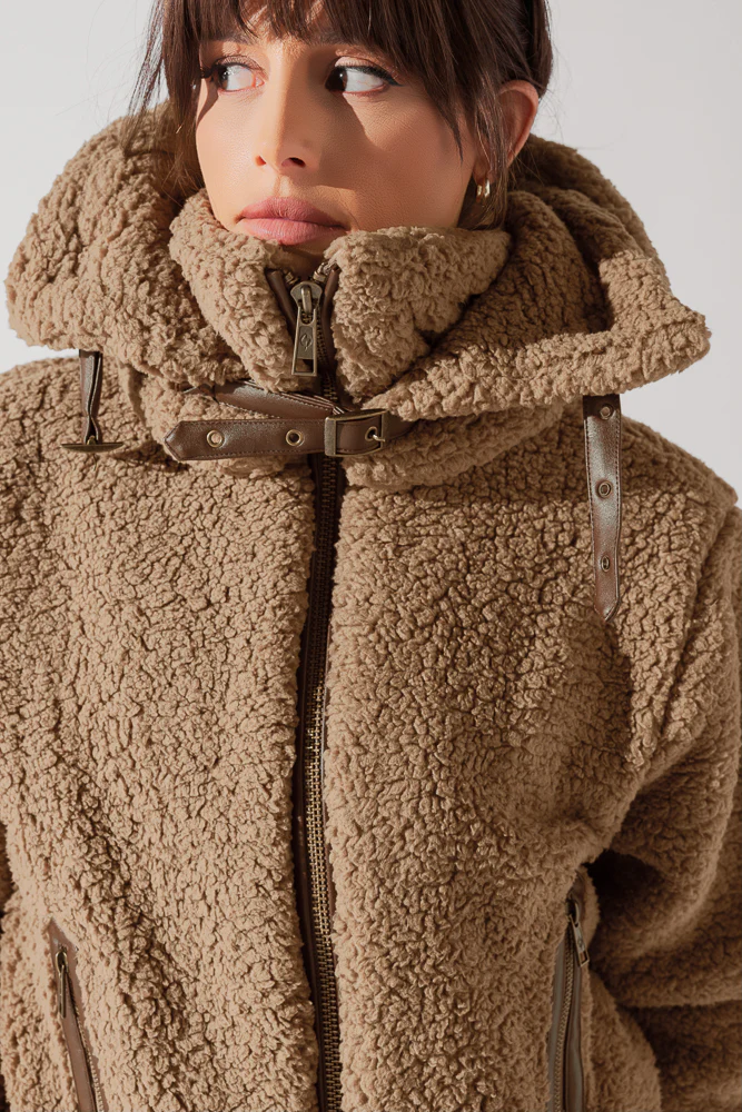 The Kinsley Bomber Jacket in Faux Sherpa - Teddy Bear Brown - Image 6