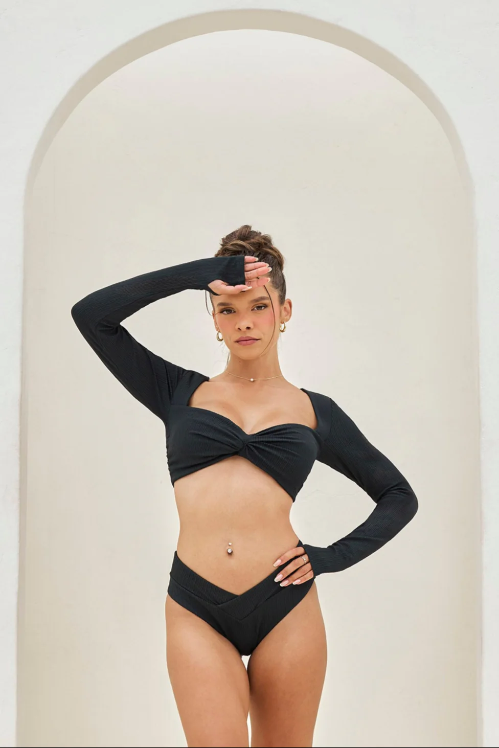 Tranquil Twist Long Sleeve Bikini Top - Black Bold Rib - Image 3